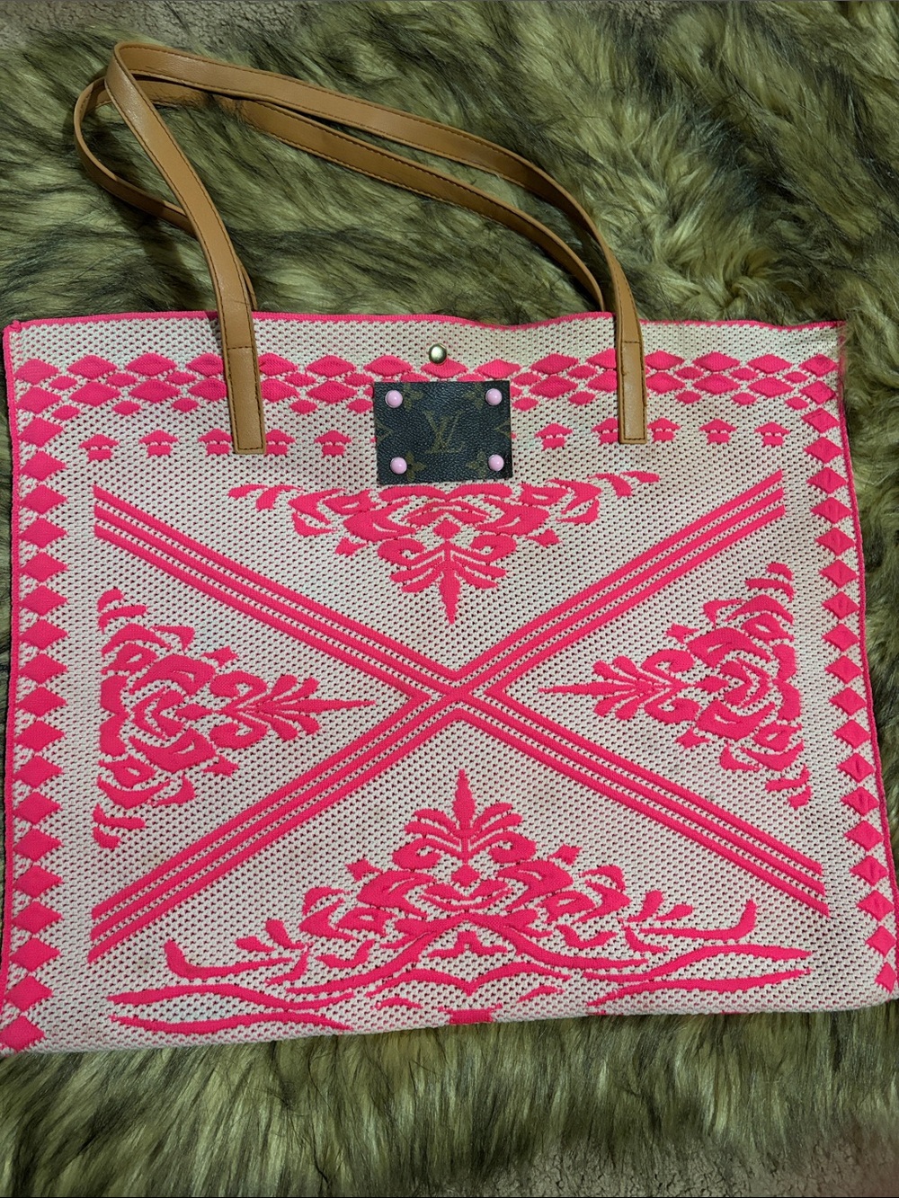 Pink Patterned Tote Bag with Tan Straps